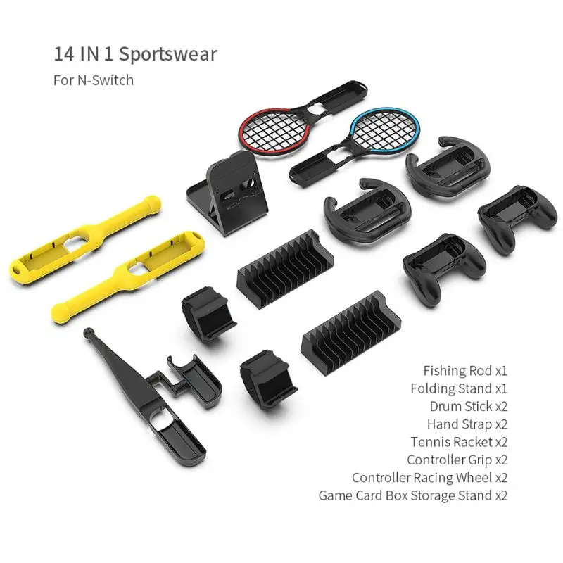 

14 Pcs/Set Sportwear for Switch Tennis Racket Hand Strap Controller Grip Racing Wheel Fishing Rod Drum Stick Storage Box