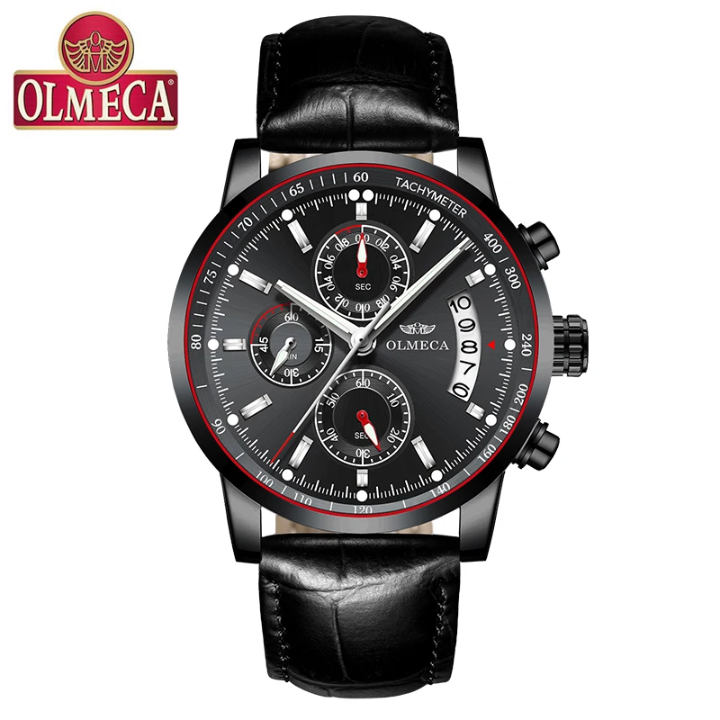 OLMECA повседневные часы водонепроницаемые спортивные часы для мужчин наручные часы с хронографом модные мужские часы из нержавеющей стали - Цвет: Black Red Leather