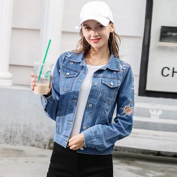

Solid Embroidery Short Denim Jacket Women Spring Autumn Long Sleeve Jeans Coat Female Kroean Casual Loose Wild Streetwear Jacket