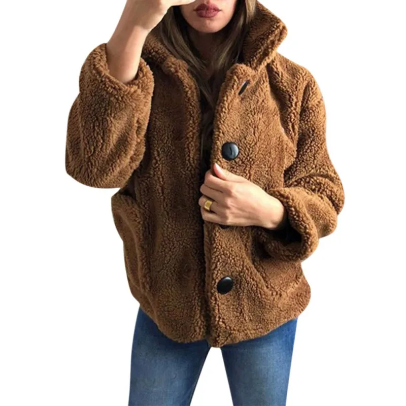 

2019 Winter Warm Long Sleeve Fleece Jackets Women Fashion Solid Button Coats with Pockets Female Casual Loose Lapel Coat Outwear