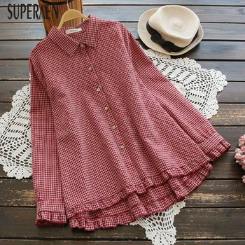 

SuperAen New Pluz Size Spring New 2020 Women Shirts Wild Casual Fashion Ladies Blouses and Tops Plaid Long-sleeve Women Clothing