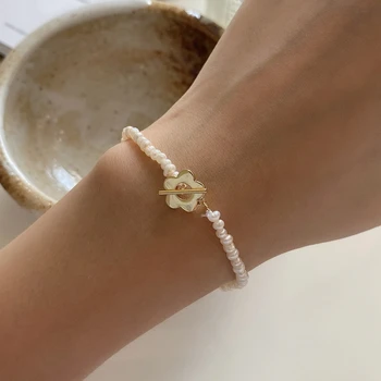 

JAECLNCY 925 Sterling Silver Bracelet 18k Gold Small Flower Baroque Freshwater Pearls Bracelet For Women Fine Jewelry Elegant