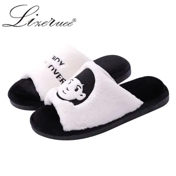 

Lizeruee Women House Slippers Faux Fur Fashion Warm Shoes Rubber Woman Slip on Flats Slides Couple Cozy Home Furry Slippers