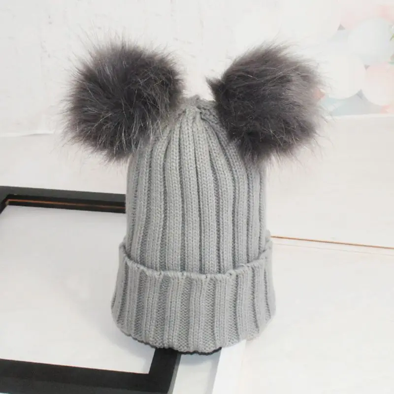 Зимняя теплая шапка с двумя плюшевыми шариками для женщин и девочек, осенняя вязаная шапка с толстыми шапочками H3CD