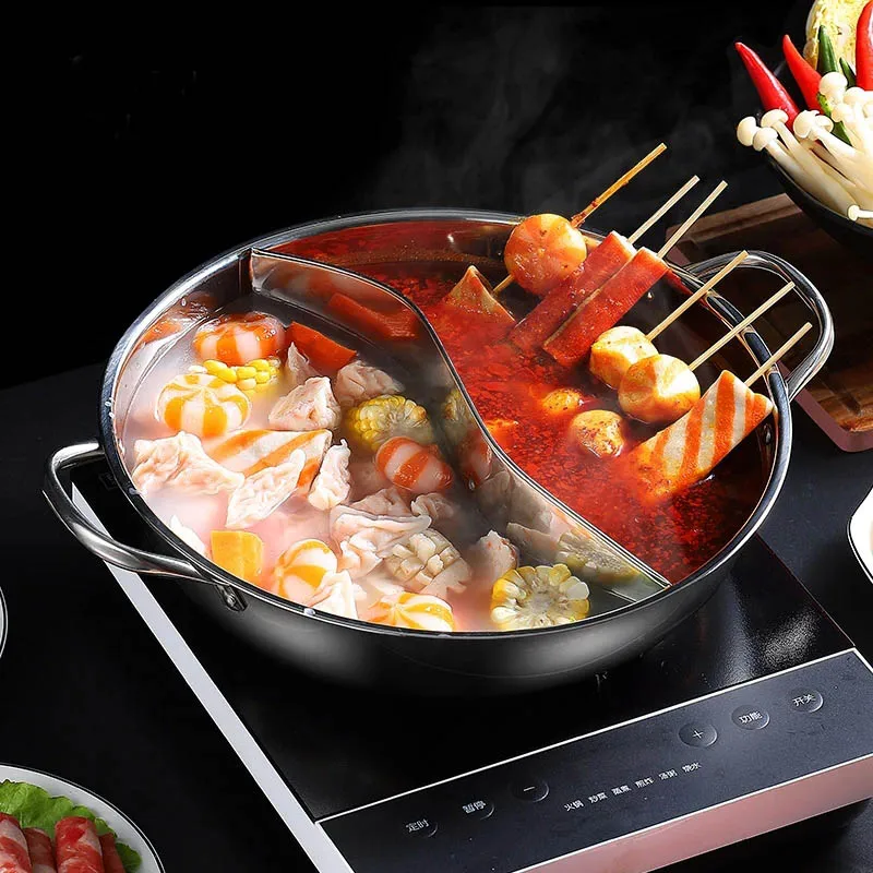 BOZZH Chinese Hot Pot With Interval Stainless Steel Pot Double-Flavor Cooking Tools Kitchen Induction Cooker Cookware