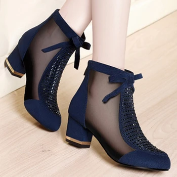 

.2019 spring summer new European and American fashion casual mesh rhinestone net boots high heel boots women thick with sandals