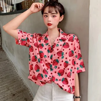 

Turn-down Collar Casual Shirt Short Sleeve Loose Blouse Women Strawberry Print Blouse Rk #E