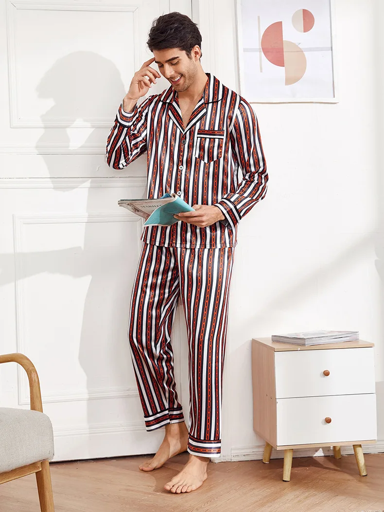 mens cotton pajama pants New Ice Silk Pajamas Men's Summer Long Sleeves And Trousers Cross Border Silk Home Clothes Large Suit Men's red silk pajamas