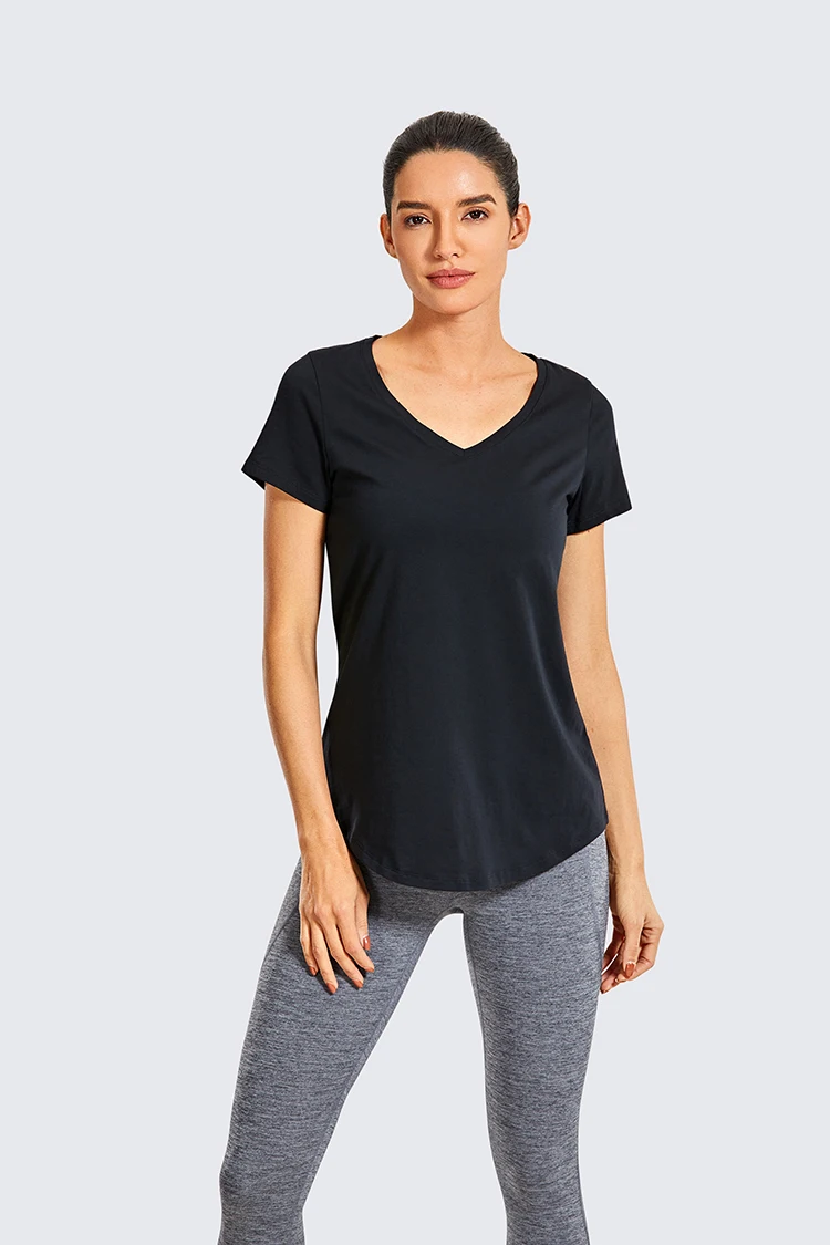 CRZ YOGA Women's Loose Fit Yoga Short Sleeves Running Tops Pima Cotton V-neckline Workout Shirts