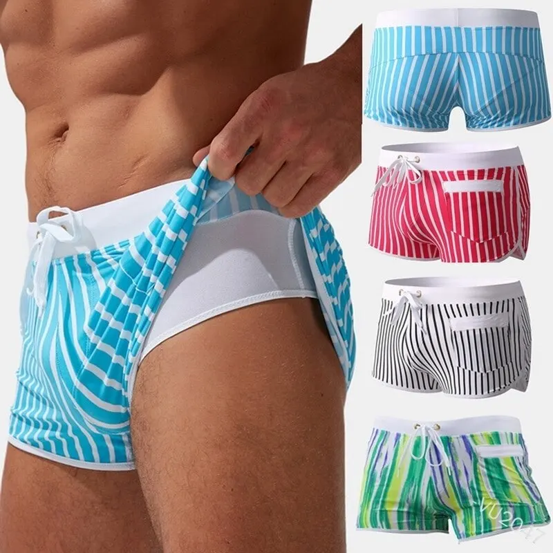Mens Fashion Stripe Swimming Underwear Printed Lightweight Breathing Boxer Swimming Shorts Lace-up Beach Shorts Mens Underpants