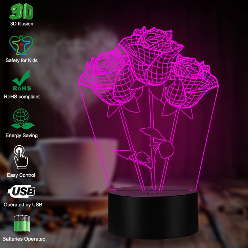 Ночсветильник VCity 3D с подсветкой светодиодная лампа в виде Розы USB изменение