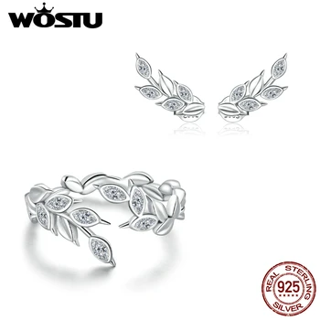 

WOSTU Genuine 925 Sterling Silver Shining Wheat Ears Ring and Stud Earrings for Women Jewelry Sets Wedding Design ZHS212