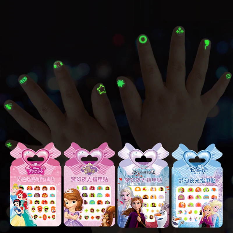 Pegatinas de dibujos animados de Frozen 2 para niñas, Elsa, Anna, brillo en la oscuridad para uñas, juguetes de maquillaje, pegatinas luminosas de Princesa Sofía, Minnie, accesorios