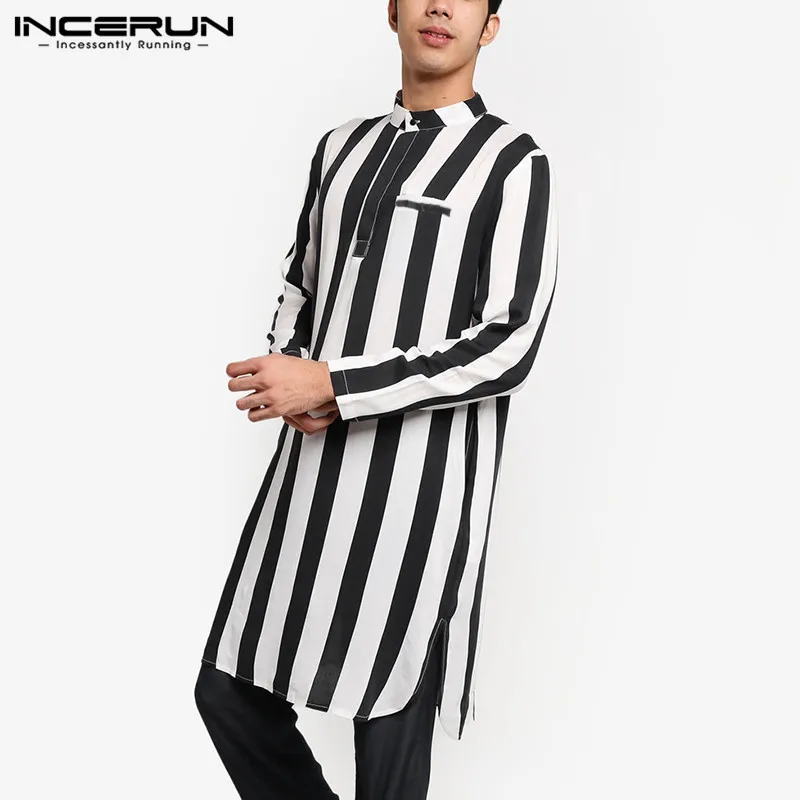 2020 Fashion Men Striped Kurtas Long Shirts Long Sleeve Stand Collar Muslim Katan Streetwear Mens Indian Clothes INCERUN S-5XL 2020 Fashion Men Striped Kurtas Long Shirts Long Sleeve Stand Collar Muslim Katan Streetwear Mens Indian Clothes INCERUN S-5XL