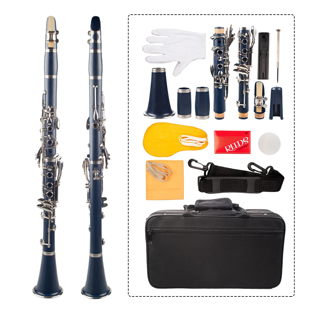Dark Blue ABS Clarinet Bb Cupronickel Plated Nickel 17 Key with Cleaning Cloth Gloves Screwdriver Woodwind Instrument