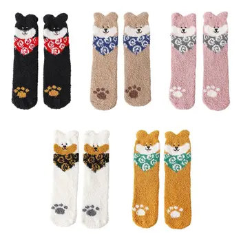

Womens Winter Fuzzy Plush Slipper Socks Cute 3D Ears Dog Coral Velvet Hosiery