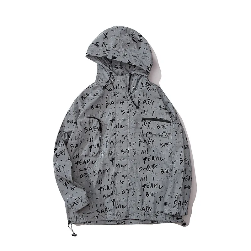 Popular 2020 New Fashion Reflective Jacket Coat Men Streetwear Hip Hop Letter Jackets Hoody Graffiti Print Fluorescent Clothing DG527