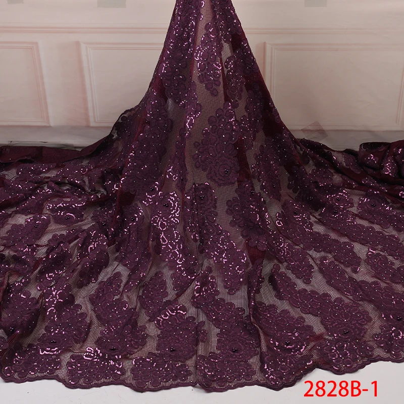 

Embroidery Lace Fabric with Sequins African Net Lace with Beads and Stones Purple Lace for Nigerian Dress AMY2828B-1