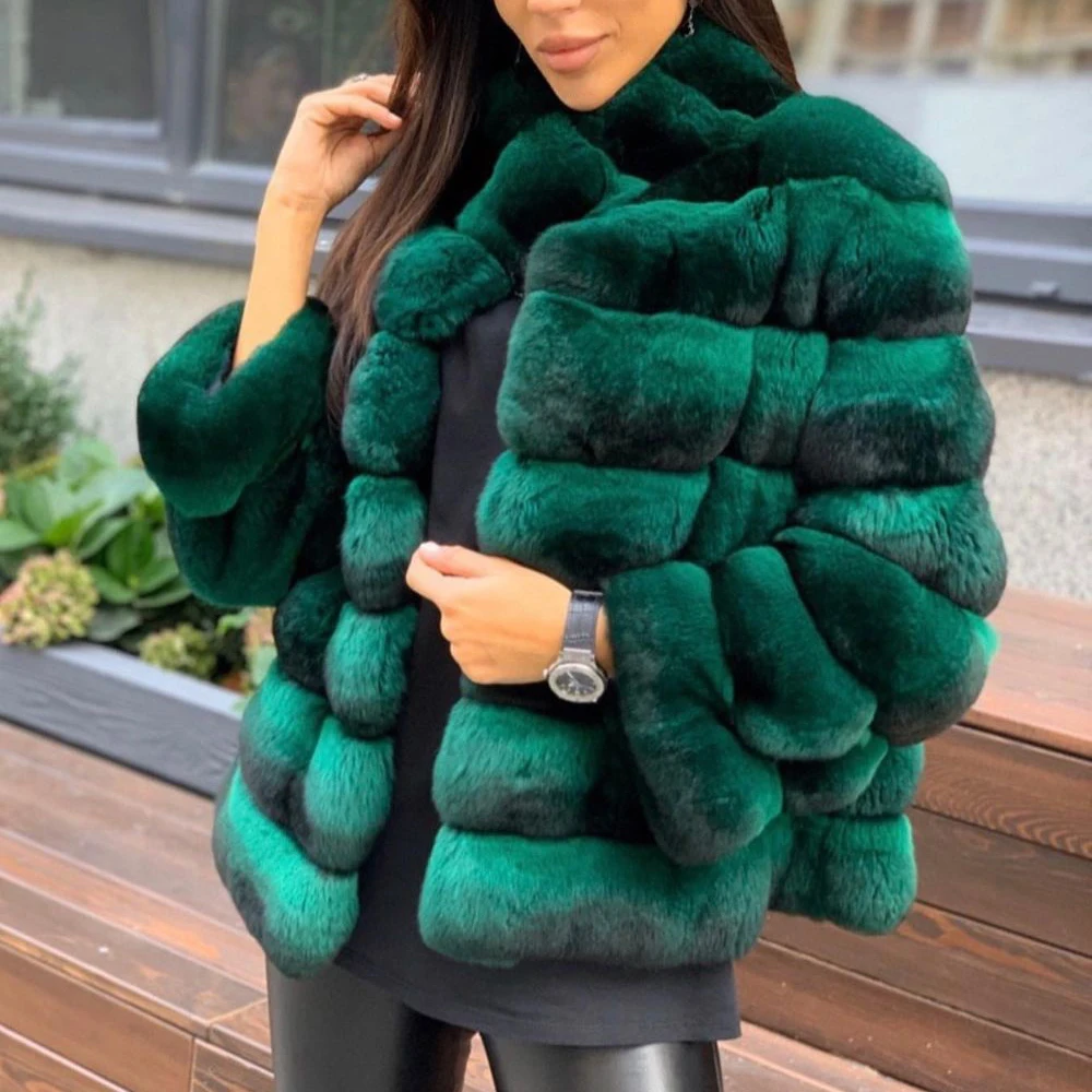 Natural Rex Rabbit Fur Jacket Women Winter Fashion Whole Skin Genuine Rex Rabbit Fur Coats Stand Collar Luxury Green Fur Outwear