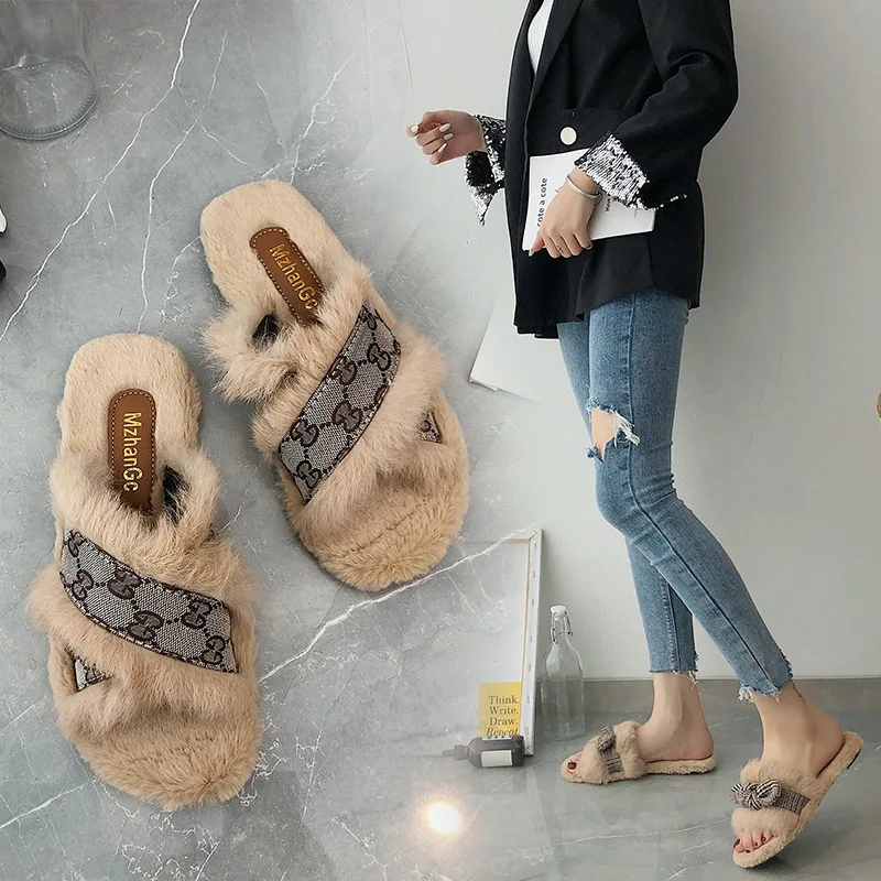 

Online Celebrity Slipper Women's Autumn 2019 New Style Cross Korean-style Versatile Fashion Outer Wear Furry Slipper Women's Fla