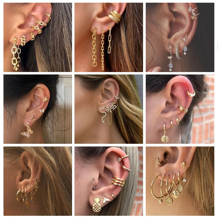 Punk Gold Color Butterfly Snake Star Cross Cactus Earrings Set for Women Crystal Geometric Studs Statement Jewelry | Украшения и