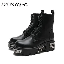 

CYJSYQFC Metal Decor Black Soft Leather Platform Women Ankle Boots Punk Gothic Round Toe Lace Up Chunky Heels Motorcycle Boots