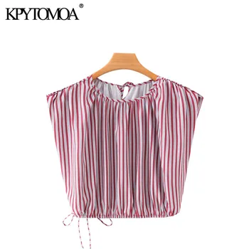 

KPYTOMOA Women 2020 Fashion Striped Cropped Blouses Vintage O Neck Sleeveless Drawstring Tied Female Shirts Blusas Chic Tops