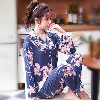 

Korean Cotton Silk Printed Pajamas Women Spring Summer Autumn Long Sleeve Trousers Thin Home Sleepwear Suit Pyjamas Women