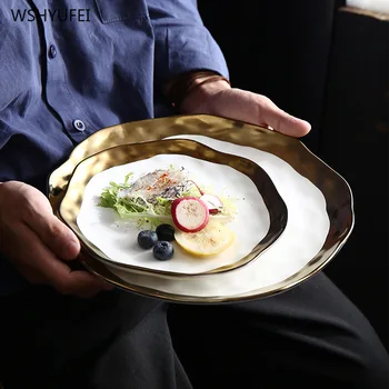 

Direct selling new light luxury ceramic gold-plated Western steak white gold fruit flat plate household storage decorative plate