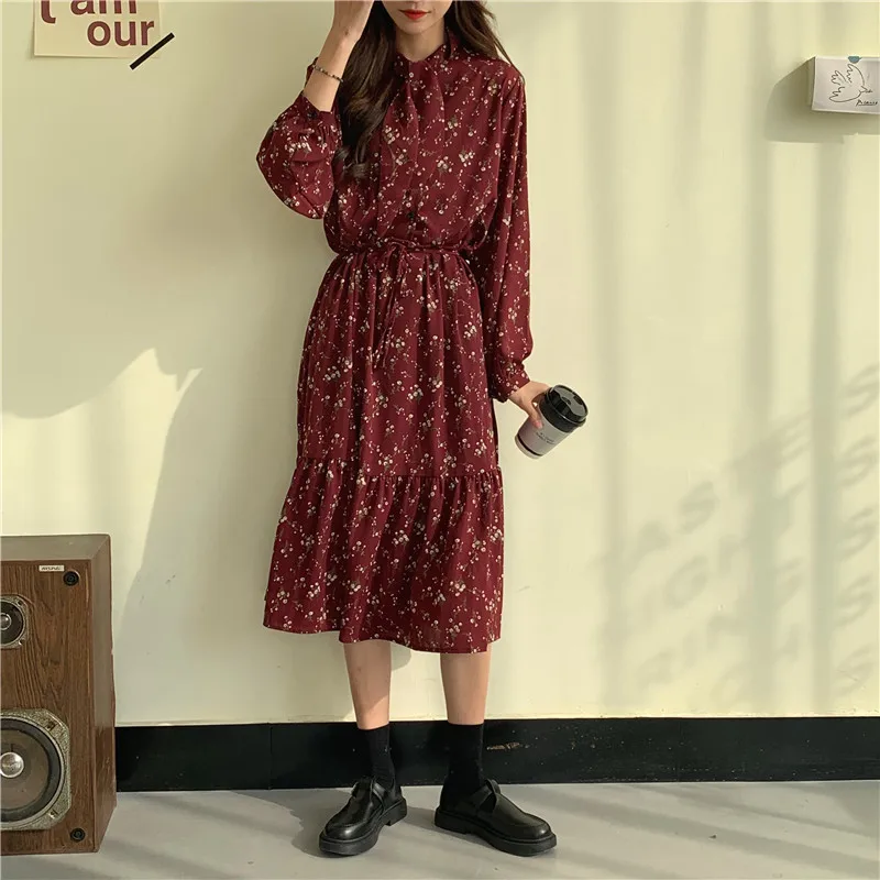 

2020 Casual Autumn Chiffon Dress Women V Neck Long Sleeve Lady Korean Style Dresses Vintage Floral Print Dress Female Vestidos