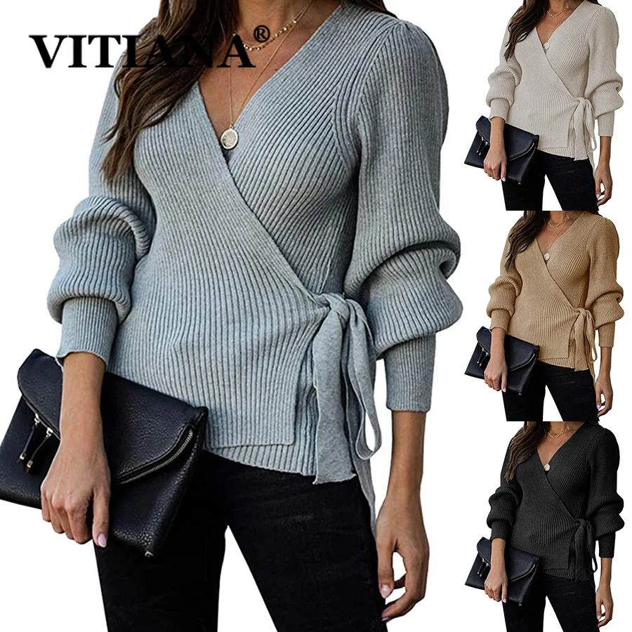 

VITIANA Women Crisscross Knitted Sweaters For Womens Autumn 2020 Female Long Sleeve V-Neck Lace Up Cardigans Woman Knit Sweater