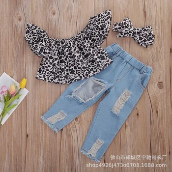 

European and American Children's Leopard off-Shoulder Top + Hair Band + Denim with Hole Pants Three-Piece Set