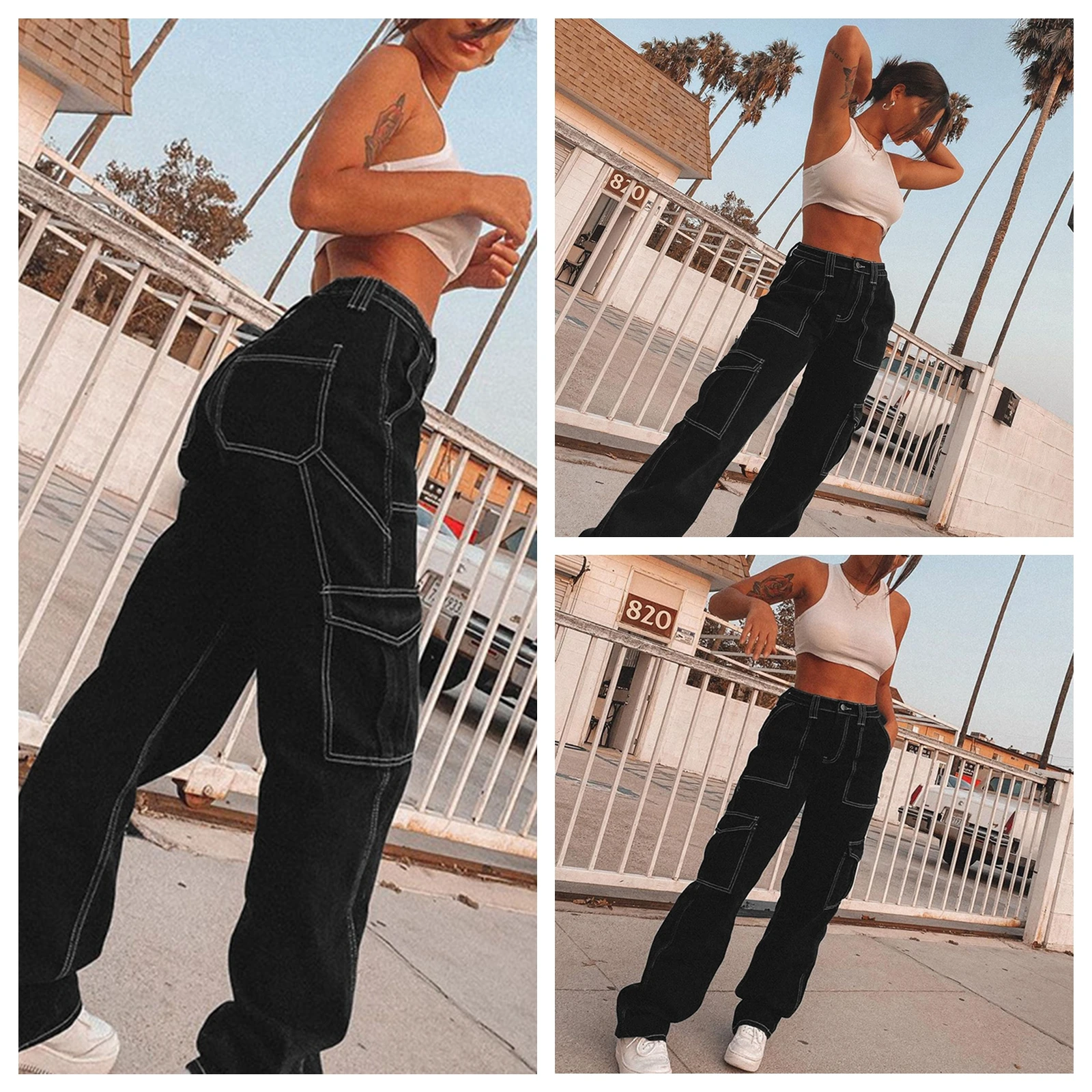 

New Women Straight Wide Leg Jeans With Pockets Trendy Stitching High Waist Relaxed Fit Denim Pants Summer Fall Spring Black