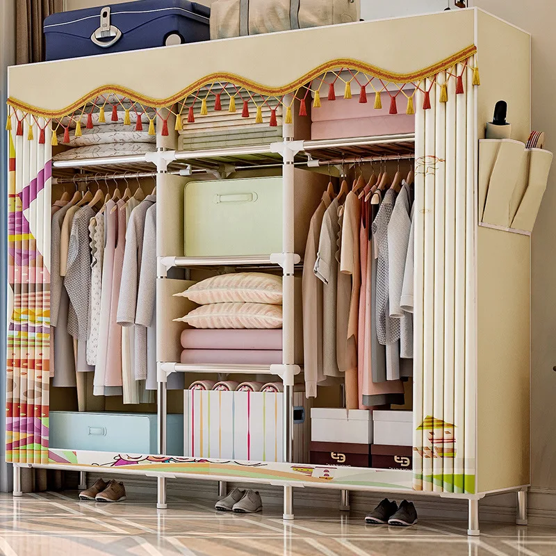 

Simple Wardrobe Minimalist Modern Economical Cloth Wardrobe Steel Tube Rough Reinforced All Steel Frame Double Fabric Storage Ca