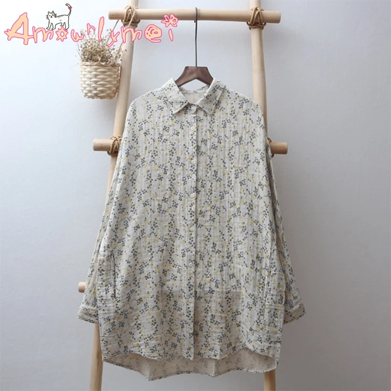 Blusas Femininas Осенняя женская футболка с цветочным принтом Mori Girl свободный воротник хлопок лен длинный стиль блузки Топы