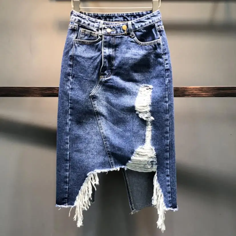 Новая мода необычная джинсовая юбка Женская высокая талия A-line кисточкой упаковка с отверстиями узкие джинсы юбка