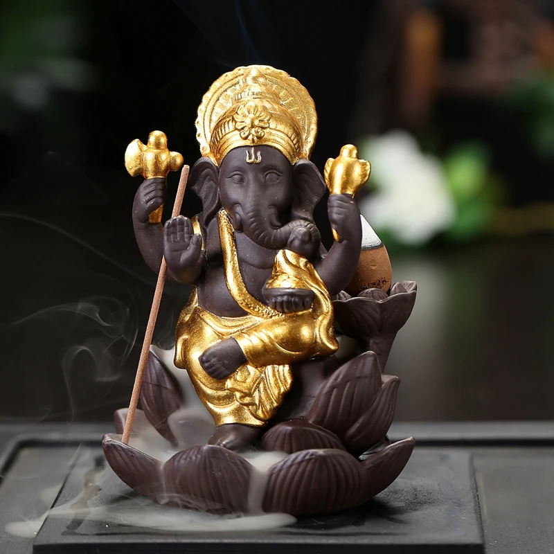 Golden Elephant Head God Incense burner and Ganesha Purple Sand Lotus Type Backflow Incense Burner Buddha(5 Styles Alternative - Цвет: Красный