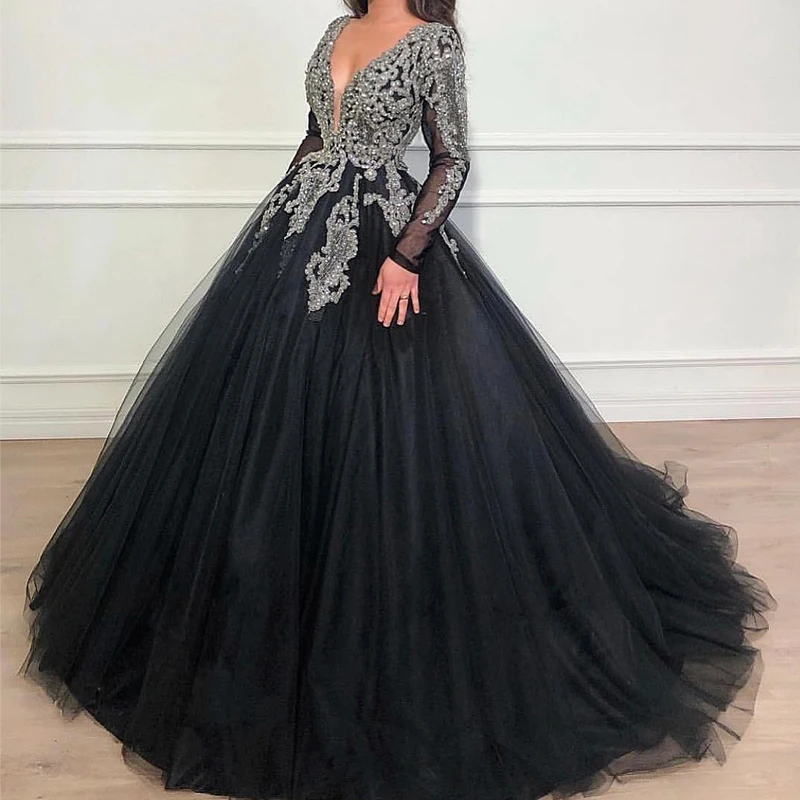 Robe De Soiree Элегантное Длинное Вечернее платье с v-образным вырезом кисейные Аппликации вечернее платье с бисером с длинными рукавами Формальное вечернее платье