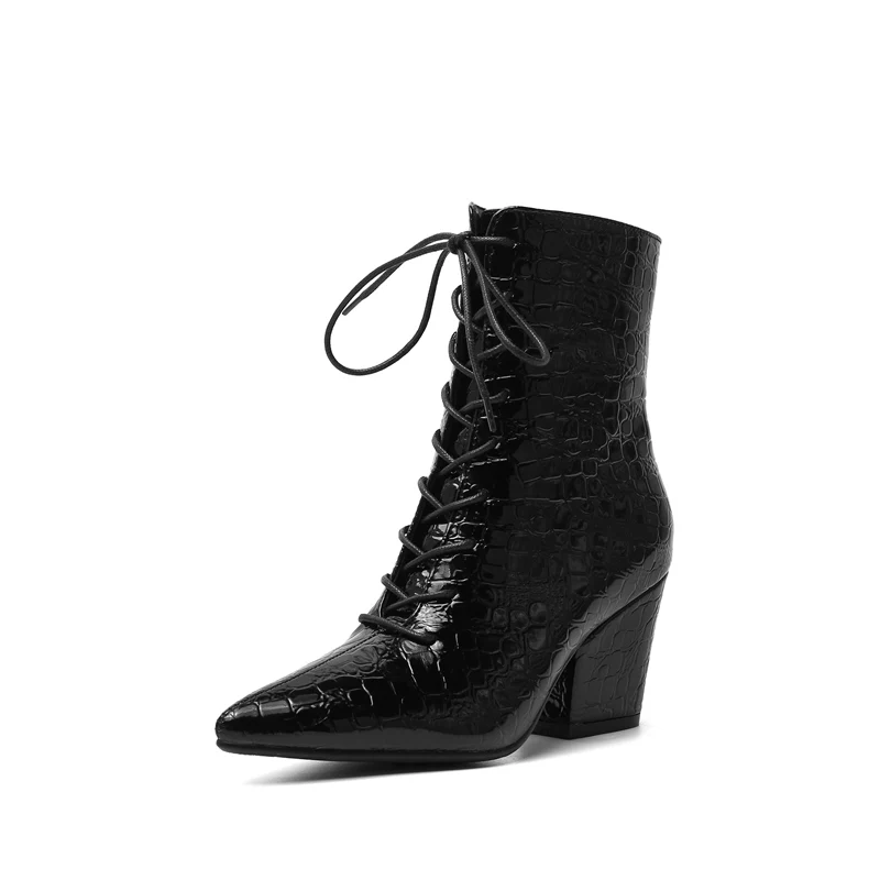 Новые Брендовые женские ботинки из змеиной кожи; модные осенне-зимние ботильоны с острым носком; женские мотоботы на шнуровке в западном стиле - Цвет: Черный