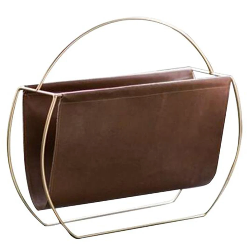 

Metal Leather Magazine Newspaper Rack Handle Rack Sundries Organizer Book Storage Shelf for Home Living Room