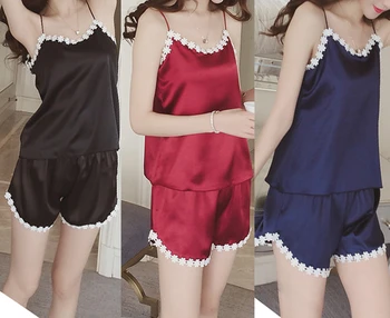 

Pajamas Suit Ice Silk Camisole Shorts Silk Female Summer Flower Decoration Two-pcs Sexy Suit Home Clothing Small Size Plus Size