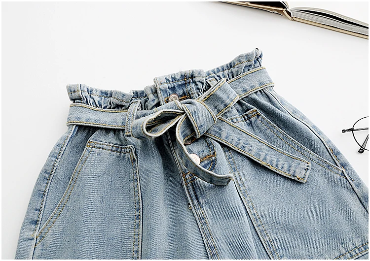 Новые летние модные эластичные джинсовые шорты с высокой талией женские повседневные широкие шорты с поясом тонкие свободные универсальные шорты Famale