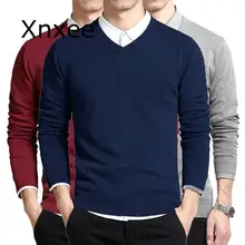Хлопковый мужской свитер с длинным рукавом, пуловеры, верхняя одежда, мужские свитера с v-образным вырезом, топы, свободная Однотонная вязанная одежда, 8 цветов