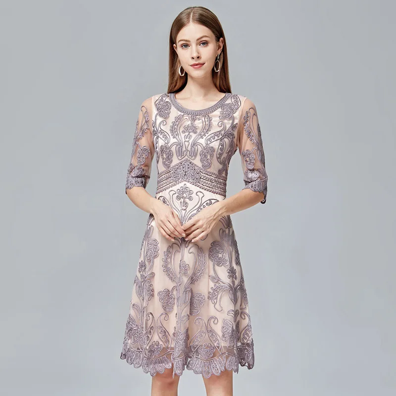 gray Slim Fit& Flare Dress Autumn Style Women O-Neck Allover Appliques Embroidery Red Wine Red Pink Black Dress Vestidos Festa - Цвет: gray