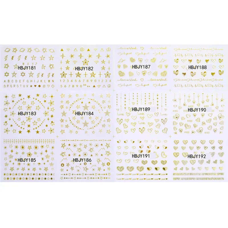 12 шт./лот, 3D наклейки для ногтей с золотой Луной и звездой, ультратонкие клейкие наклейки, украшения для ногтей, штампы маникюрные наклейки для ногтей, инструмент - Цвет: HBJY181-192 Gold