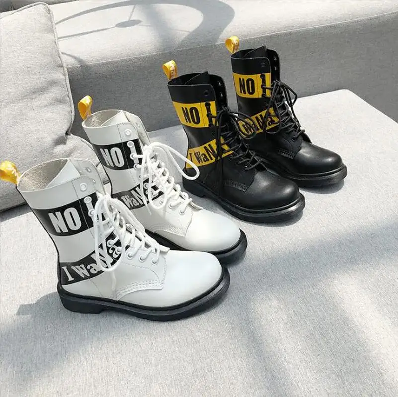 

New Chic Women's Low Flat Booties Woman Letter Martin Boots Ladies Mid Calf Genuine Leather Boots Female British High-top Shoes
