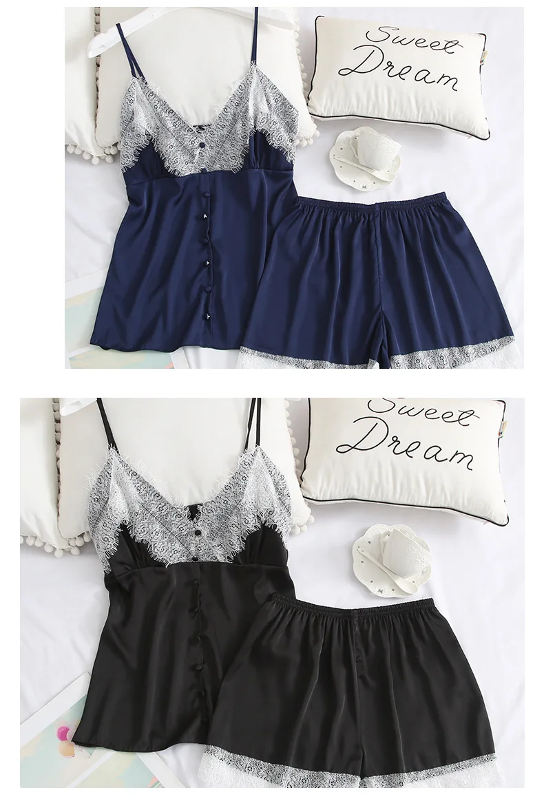 Autumn Pyjamas Women Sexy Female Lace Silk 2 Pcs Pijama Set Satin Sleepwear Night Suit for Women V-neck Loungewear Pajama