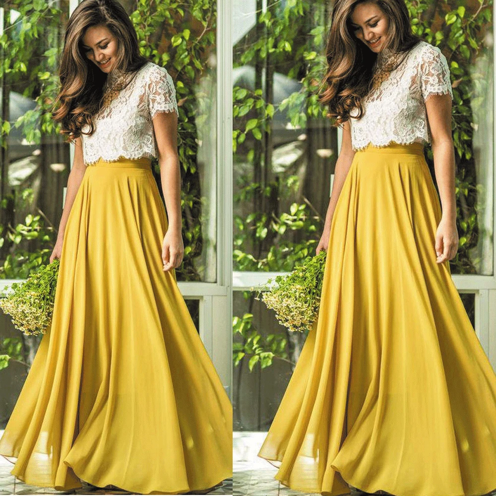 

SuperKimJo Vestidos De Festa Lace Applique Bridesmaid Dresses Long Chiffon Mustard Cheap Short Sleeve Wedding Party Dresses Robe