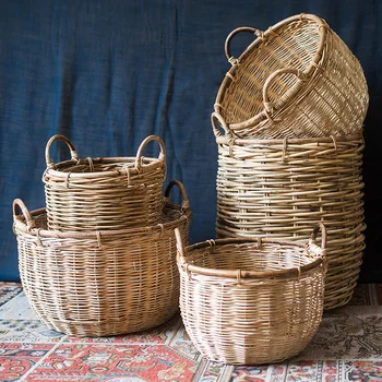 

Rattan Baskets Hand-made natural rattan round storage basket with handle