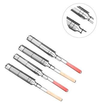 

4PCS Kabob Grilling Basket Multifunctional Barbecue Grilling Net Fish Sausage Meat Grill Tool Wood Handle Tool for Barbecue (Ran
